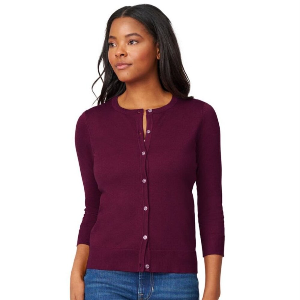 Melissa Paige Crewneck 3/4-Sleeve Cardigan Sweater Cabarnet Red Size M